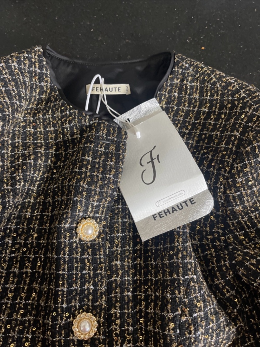 Black Tweed Bomber Jacket with Gold Buttons - Women's - Picture 6 of 7